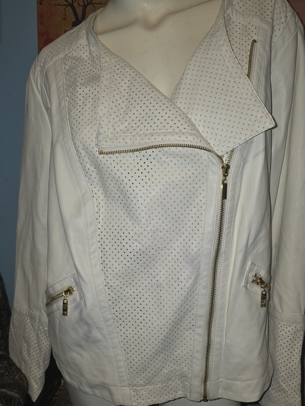 Jennifer Lopez White Perforated Pleather Biker Jacket with Gold Zips